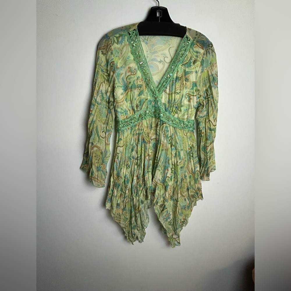 VTG Y2K fairy babydoll top ZS Xs Beaded Sequins Boho Paisley ‎ Asymmetrical Hem